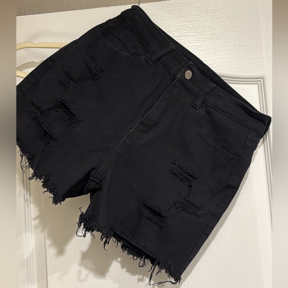 Distressed Black Denim Shorts